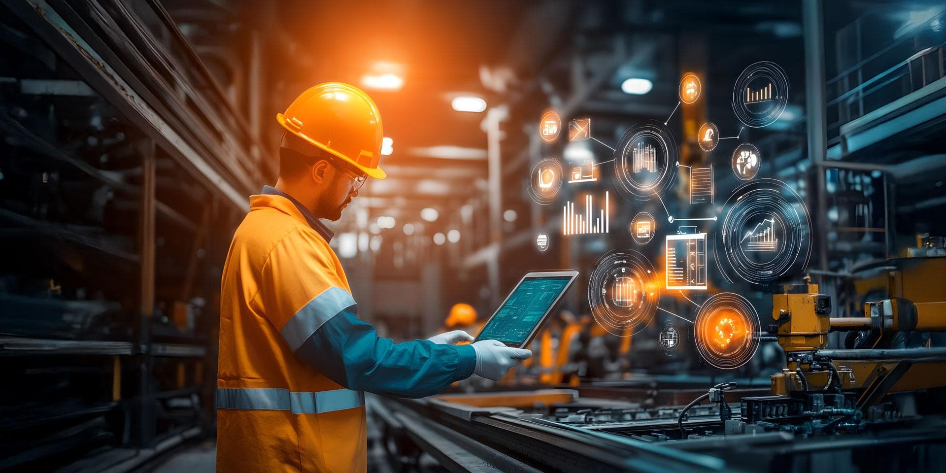 Technicien consultant une tablette dans un atelier de production